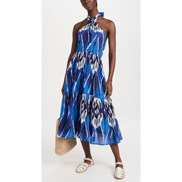 Ro's Garden Henrietta Halter Tie Midi Dress Blue Ikat Cotton Tiered Tuckernuck - Picture 4 of 8